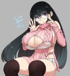 Rule 34 | 1girl, 2021, adjusting eyewear, agawa ryou, artist name, black hair, black thighhighs, breasts, cleavage cutout, clothing cutout, dated, glasses, grey background, huge breasts, long hair, looking at viewer, original, purple eyes, round eyewear, short shorts, shorts, signature, simple background, solo, sweater, thick thighs, thighhighs, thighs, very long hair