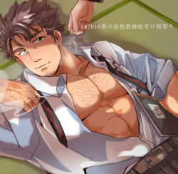 Rule 34 | 1boy, abs, bara, brown hair, brown pants, chest hair, cigarette, facial hair, goatee, long sideburns, looking at viewer, lying, male focus, mature male, mononobe kyoma, multicolored hair, muscular, muscular male, necktie, on back, open clothes, open shirt, pants, pov, seductive smile, shirt tucked in, short hair, sideburns, smile, smoke, solo focus, stomach, streaked hair, thick eyebrows, tokyo houkago summoners, translation request, undone necktie, undressing another, white hair, zaoanjisi