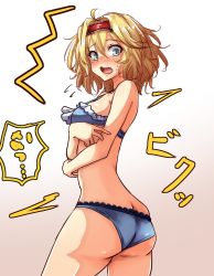 Rule 34 | 1girl, ahoge, alice margatroid, amagi (amagi626), ass, bare arms, blonde hair, blue bra, blue eyes, blue panties, blush, bra, breasts, butt crack, commentary request, cowboy shot, embarrassed, frilled bra, frills, from behind, gradient background, hairband, highres, looking at viewer, looking back, medium breasts, multicolored background, nose blush, open mouth, panties, simple background, solo, sweat, tears, touhou, two-tone background, underwear, underwear only, white background