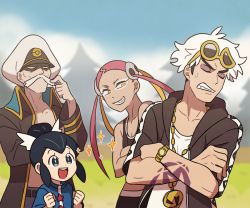 Rule 34 | 2boys, 2girls, :d, black eyes, blonde hair, clenched teeth, closed eyes, coat, commentary, creatures (company), crossed arms, day, drake (pokemon), eyeshadow, eyewear on head, facial hair, game freak, grin, guzma (pokemon), hair ornament, hat, hood, hooded jacket, jacket, liza (pokemon), long hair, makeup, multicolored hair, multiple boys, multiple girls, mustache, nintendo, no shirt, open clothes, open coat, open mouth, outdoors, peaked cap, pink hair, plumeria (pokemon), pokemon, pokemon masters ex, pokemon oras, pokemon sm, quad tails, shirt, short hair, short sleeves, skull hair ornament, sky, smile, ssalbulre, sunglasses, tank top, team skull, teeth, trench coat, two-tone hair, upper teeth only, white hair, white headwear, white shirt, yellow-framed eyewear, yellow eyes