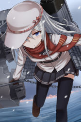Rule 34 | 1girl, absurdres, anchor, belt, black belt, black gloves, black pantyhose, black skirt, black thighhighs, blue eyes, brown footwear, brown hair, chain, closed mouth, commentary, expressionless, flat cap, gloves, hair over one eye, hammer and sickle, hat, hat over one eye, hibiki (kancolle), highres, holding, holding anchor, kantai collection, leaning forward, light frown, loafers, long hair, long sleeves, looking at viewer, ocean, on water, pantyhose, pleated skirt, red neckwear, rigging, scarf, school uniform, serafuku, shirt, shoes, skirt, smokestack, snowflakes, snowing, solo, star (symbol), thighhighs, torpedo tubes, turret, verniy (kancolle), white hair, white shirt, yakob labo