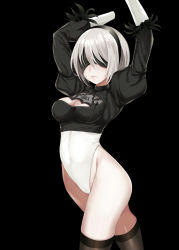 Rule 34 | 1girl, arms up, bad id, bad pixiv id, black dress, black hairband, black shirt, blindfold, breasts, brown thighhighs, cleavage, cleavage cutout, closed mouth, clothing cutout, covered eyes, covered navel, cowboy shot, crop top, dress, feather-trimmed sleeves, groin, hair over eyes, hairband, harimoji, highleg, highleg leotard, highres, juliet sleeves, legs together, leotard, long sleeves, looking at viewer, medium breasts, mole, mole under mouth, nier (series), nier:automata, no pants, puffy sleeves, ribbed dress, ribbed shirt, shirt, short hair, skin tight, skirt, unworn skirt, solo, standing, thighhighs, turtleneck, vambraces, white hair, white leotard, 2b (nier:automata)