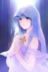 Rule 34 | 1girl, blue hair, blunt bangs, blush, candle, cross, dress, flat chest, hakou (barasensou), hand on another&#039;s chest, hand on own chest, jewelry, long hair, lowres, necklace, purple eyes, see-through, solo, sword girls, veil