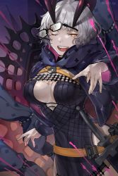 Rule 34 | 1girl, belt, black dress, black jacket, breasts, cleavage, cropped jacket, donkey fgo, dress, fate/grand order, fate (series), glasses, grey hair, highres, hood, hooded jacket, horns, jacket, jacques de molay (foreigner) (fate), large breasts, long sleeves, looking at viewer, one eye closed, open clothes, open jacket, open mouth, short hair, smile, solo, sword, weapon, yellow eyes