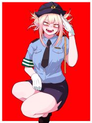 Rule 34 | 1girl, blonde hair, blunt bangs, blush, boku no hero academia, breasts, double bun, fangs, gloves, hair bun, hat, highres, large breasts, messy hair, necktie, okumari, open mouth, police, police uniform, policewoman, red background, salute, sidelocks, simple background, skirt, solo, thighs, toga himiko, uniform, yellow eyes