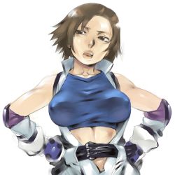 Rule 34 | 1girl, bad id, bad pixiv id, belt, breasts, brown eyes, brown hair, covered erect nipples, elbow gloves, gloves, hands on own hips, heisa, kazama asuka, large breasts, open mouth, shirt, short hair, simple background, solo, taut clothes, taut shirt, tekken, upper body