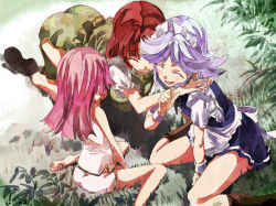 Rule 34 | 3girls, arms around neck, blue hair, braid, chinese clothes, couple, closed eyes, family, hong meiling, if they mated, izayoi sakuya, laughing, long hair, mother and daughter, multiple girls, pink hair, red hair, side slit, touhou, twin braids, yohane, yuri