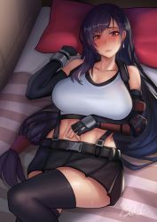 Rule 34 | 1girl, black skirt, breasts, earrings, elbow gloves, elbow pads, final fantasy, final fantasy vii, final fantasy vii remake, fingerless gloves, gloves, highres, jewelry, large breasts, long hair, low-tied long hair, lying, midriff, miniskirt, on back, pillow, pleated skirt, qblade, skirt, solo, suspender skirt, suspenders, tank top, tifa lockhart, white tank top