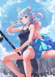 Rule 34 | 2girls, absurdres, ahoge, animal ear fluff, animal ears, back-to-back, black one-piece swimsuit, blue-tinted eyewear, blue archive, blue eyes, blue sky, bottle, breasts, closed eyes, cloud, competition swimsuit, covered navel, cross hair ornament, day, extra ears, fishing rod, grey hair, hair ornament, halo, heart, heart-shaped eyewear, highres, hoshino (blue archive), hoshino (swimsuit) (blue archive), low ponytail, medium breasts, medium hair, mismatched pupils, multicolored clothes, multicolored swimsuit, multiple girls, noomaru (nomorepeople), official alternate costume, one-piece swimsuit, outdoors, pink hair, shiroko (blue archive), shiroko (swimsuit) (blue archive), sky, solo focus, swimsuit, tinted eyewear, white-framed eyewear, wolf ears