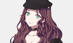 Rule 34 | 1girl, black hat, breasts, brown hair, choker, cleavage, closed mouth, dorothea arnault, earrings, fire emblem, fire emblem: three houses, green eyes, grey background, hat, jewelry, long hair, nintendo, roroichi, simple background, smile, solo, upper body