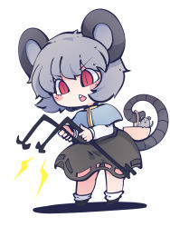 Rule 34 | 1girl, animal ears, basket, black footwear, blue capelet, capelet, chahan (fried rice0614), dowsing rod, dress, full body, grey dress, grey hair, highres, holding, jewelry, lightning bolt symbol, long sleeves, mouse (animal), mouse ears, mouse girl, mouse tail, nazrin, one-hour drawing challenge, open mouth, pendant, red eyes, short hair, simple background, standing, tail, touhou, triangle mouth, upper body, v-shaped eyebrows, white background, white legwear