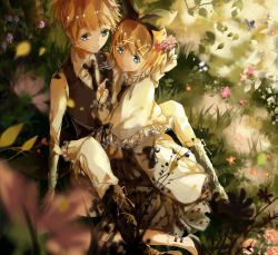 Rule 34 | 1boy, 1girl, bad id, bad pixiv id, black necktie, black ribbon, blonde hair, blue eyes, brother and sister, hair ribbon, highres, kagamine len, kagamine rin, necktie, outdoors, ribbon, ruoxuanxuanorz, short hair, siblings, sitting, smile, vocaloid