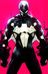 Rule 34 | 1boy, alternate costume, animal print, aura, black bodysuit, bodysuit, chun lo, clenched hand, cowboy shot, facing viewer, head down, highres, male focus, marvel, mask, pink background, solid eyes, solo, spider-man, spider-man (series), spider print, superhero costume, symbiote, tentacles, webbing