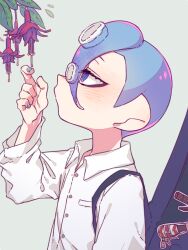 Rule 34 | .96 gal (splatoon), 1boy, blue eyes, blue hair, blue nails, collar, collared shirt, commentary, eyelashes, inuowour, leaf, mohawk, nintendo, octoling, octoling boy, octoling player character, plant, shirt, short hair, solo, splatoon (series), splatoon 3, squeezer (splatoon), sticker, symbol-only commentary, tentacle hair, upper body, white background, white collar