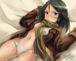 Rule 34 | 10s, 1girl, artist name, bad id, bad twitter id, bandaid, bandaid on face, bed, black eyes, black hair, blush, bra, brave witches, brown gloves, brown jacket, brown scarf, closed mouth, cowboy shot, crotch seam, from above, gloves, groin, haruhata mutsuki, jacket, kanno naoe, long sleeves, looking at viewer, lying, military, military uniform, navel, no pants, on back, open clothes, open jacket, panties, scarf, short hair, signature, solo, twitter username, underwear, uniform, white bra, white panties, world witches series