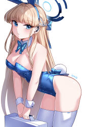 Rule 34 | 1girl, animal ears, bare shoulders, blonde hair, blue archive, blue eyes, blue leotard, blush, bow, bowtie, braid, breasts, briefcase, cleavage, detached collar, earpiece, fake animal ears, fake tail, french braid, gendo0032, halo, highleg, highleg leotard, highres, leotard, long hair, looking at viewer, medium breasts, playboy bunny, rabbit ears, rabbit tail, solo, tail, thighhighs, thighs, toki (blue archive), toki (bunny) (blue archive), white thighhighs, wrist cuffs