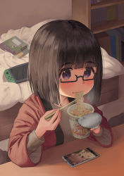 Rule 34 | 1girl, :t, bed, bedroom, beige shirt, black-framed eyewear, black hair, blunt bangs, blush, book, bookshelf, brown hair, cellphone, chopsticks, commentary request, cup, disposable cup, eating, food, food in mouth, game console, glasses, highres, holding, holding chopsticks, holding cup, holding food, indoors, long sleeves, looking at viewer, medium hair, mimikaki (men bow), mouth hold, nintendo switch, nissin cup noodle, noodles, open clothes, original, pajamas, phone, playing games, purple eyes, ramen, robe, semi-rimless eyewear, shirt, smartphone, solo, table, tareme, thick eyebrows, under-rim eyewear, upper body, wavy mouth, white shirt