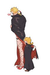 Rule 34 | 2boys, aged down, black cape, black nails, blonde hair, braid, cape, cape lift, clothes lift, dio brando, father and son, fishnet thighhighs, fishnets, giorno giovanna, high heels, highres, honlo, jewelry, jojo no kimyou na bouken, long hair, looking at another, male focus, multiple boys, open mouth, red eyes, simple background, standing, thighhighs, vampire, white background