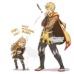 Rule 34 | 1boy, 1girl, artist name, blonde hair, cape, child, circlet, darkgreyclouds, english text, father and daughter, fire emblem, fire emblem fates, own hands clasped, lowres, nintendo, odin (fire emblem), open mouth, ophelia (fire emblem), own hands together, sandals, smile, aged down
