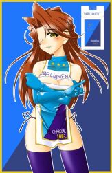 Rule 34 | 1girl, breasts, brown hair, cigarette, cleavage, cleavage cutout, clothing cutout, crossed arms, female focus, k.m.station, large breasts, mole, panties, product girl, purple thighhighs, side-tie panties, smile, solo, standing, thighhighs, underwear, yellow eyes