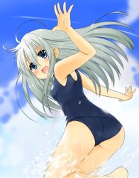 Rule 34 | 1girl, ahoge, armpits, ass, bad id, bad pixiv id, barefoot, blue eyes, blush, from behind, long hair, looking back, one-piece swimsuit, open mouth, original, outstretched arms, running, school swimsuit, silver hair, sky, smile, solo, splashing, swimsuit, toichi, water, waving
