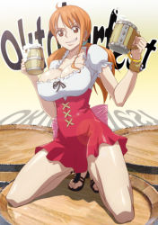 Rule 34 | 1girl, alcohol, bare arms, bare legs, barefoot sandals (jewelry), beer, beer mug, blue eyes, bow, bracelet, breasts, brown eyes, cleavage, collarbone, cup, dirndl, dress, earrings, frilled sleeves, frills, full body, german clothes, german text, grin, hands up, high heels, highres, holding, holding cup, jewelry, kneeling, kyabakurabakufu, large breasts, log pose, long hair, looking at viewer, mug, nami (one piece), nami (one piece) (whole cake island), official alternate costume, oktoberfest, one piece, orange hair, parted lips, ponytail, puffy short sleeves, puffy sleeves, sandals, short dress, short sleeves, smile, smirk, solo, sweat, thighs, toes, twintails, waitress