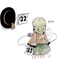 1girl 2024 ? black_hat blouse boku_no_natsuyasumi bow calendar_(object) eyeball frilled_shirt_collar frilled_sleeves frills from_behind green_hair green_skirt hat hat_bow hat_ribbon heripantomorrow komeiji_koishi long_sleeves revision ribbon shirt simple_background skirt solo third_eye touhou unworn_hat unworn_headwear white_background wide_sleeves yellow_bow yellow_ribbon yellow_shirt