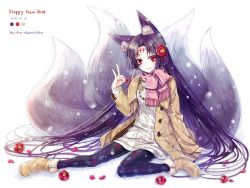Rule 34 | 10s, 1girl, 2014, animal ears, black hair, black pantyhose, boots, borrowed character, camellia, coat, facial mark, flower, forehead mark, fox ears, fox shadow puppet, fox tail, fur trim, hagino kouta, hair flower, hair ornament, happy new year, highres, jewelry, long hair, looking at viewer, multiple tails, nail polish, necklace, new year, original, pantyhose, petals, pixiv fantasia, pixiv fantasia sword regalia, print pantyhose, red eyes, scarf, simple background, smile, solo, sweater, tail, very long hair, white background, winter clothes
