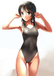 Rule 34 | 1girl, armpits, black eyes, black hair, black one-piece swimsuit, blush, breasts, competition swimsuit, cowboy shot, katahira masashi, long hair, looking at viewer, one-piece swimsuit, original, small breasts, smile, solo, standing, swimsuit, thigh gap, wet