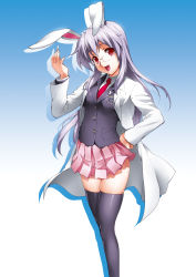 Rule 34 | 1girl, animal ears, bespectacled, black thighhighs, blazer, buttons, crescent, emblem, female focus, glasses, hand on own hip, henshako, highres, hip focus, holding, jacket, lab coat, long hair, long sleeves, necktie, open mouth, purple hair, rabbit ears, red eyes, red necktie, reisen udongein inaba, simple background, skirt, smile, solo, suppository, thighhighs, touhou