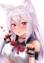 Rule 34 | 1girl, :p, absurdres, animal ear fluff, animal ears, arms up, azur lane, black choker, black gloves, black sailor collar, blush, bow, breasts, choker, claw pose, collarbone, commentary request, crop top, fingerless gloves, gloves, hair between eyes, hair intakes, heart, highres, large breasts, long hair, looking at viewer, nail polish, o-ring, o-ring choker, pink nails, red bow, red eyes, ryara, sailor collar, shirt, simple background, sleeveless, sleeveless shirt, solo, thick eyebrows, tongue, tongue out, underboob, very long hair, white background, white hair, white shirt, yuudachi (azur lane)