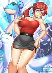 Rule 34 | 1girl, bare arms, bare legs, bare shoulders, breasts, brown eyes, cloyster, creatures (company), dewgong, game freak, gen 1 pokemon, giovanni zaccaria, glasses, hair between eyes, hand on own hip, hand on own chest, head tilt, ice, lapras, long hair, long legs, lorelei (pokemon), miniskirt, nintendo, pencil skirt, pokemon, pokemon (anime), pokemon (classic anime), pokemon (creature), ponytail, skirt, smile, strapless, tube top, watermark, web address