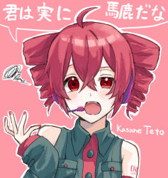 Rule 34 | 1girl, blush, character name, collared shirt, detached sleeves, drill hair, headphones, headset, highres, ichika shiiro, kasane teto, long sleeves, looking at viewer, nail polish, open mouth, outline, pink background, pink hair, red eyes, shirt, sleeveless, sleeveless shirt, sleeves past wrists, solo, squiggle, translation request, twin drills, upper body, utau, white outline