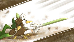 Rule 34 | back-to-back, bird, brown eyes, creatures (company), dated, debris, duck, evolutionary line, fighting stance, food, full body, galarian farfetch&#039;d, game freak, gen 8 pokemon, holding, holding food, holding vegetable, nintendo, no humans, pokemon, pokemon (creature), shuri (syurigame), signature, sirfetch&#039;d, standing, thick eyebrows, v-shaped eyebrows, vegetable