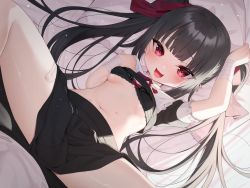 Rule 34 | 1boy, 1girl, :d, arm up, bandaid, bandaid on leg, bed sheet, black bra, black hair, black skirt, blush, bow, bow bra, bra, breasts, commentary request, ear piercing, fang, feet out of frame, hair bow, hand up, highres, long hair, navel, open mouth, original, piercing, pillow, pillow grab, pleated skirt, red bow, red eyes, skirt, small breasts, smile, solo focus, spread legs, tsukiman, twintails, underboob, underwear, very long hair