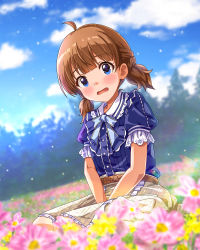 Rule 34 | 1girl, :o, ahoge, blue shirt, blue sky, blunt bangs, blurry, blurry background, blurry foreground, blush, brown hair, depth of field, field, flower, flower field, highres, idolmaster, idolmaster million live!, idolmaster million live! theater days, looking at viewer, neck ribbon, on ground, outdoors, own hands together, plaid, plaid skirt, private dress (idolmaster million live!), puffy short sleeves, puffy sleeves, ribbon, rocktaso co ltd, seiza, shirt, short sleeves, short twintails, sitting, skirt, sky, solo, suou momoko, twintails
