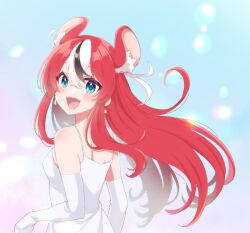 Rule 34 | 1girl, absurdres, animal ear fluff, animal ears, black hair, blue eyes, dress, elbow gloves, gloves, hakos baelz, highres, hololive, hololive english, lia (pandaen), long hair, looking at viewer, mouse ears, mouse girl, multicolored hair, open mouth, red hair, sidelocks, smile, solo, streaked hair, teeth, upper teeth only, virtual youtuber, white dress, white gloves, white hair