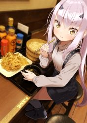 Rule 34 | 1girl, :t, absurdres, black footwear, black skirt, boots, brown eyes, chopsticks, closed mouth, commentary request, eating, melusine (fate), fate/grand order, fate (series), food, grey socks, hair between eyes, hair ornament, hairclip, highres, holding, holding chopsticks, indoors, long hair, long sleeves, looking at viewer, noodles, photo background, puffy long sleeves, puffy sleeves, shirt, sitting, skirt, socks, solo, stool, suspender skirt, suspenders, udon, very long hair, white shirt, wooden floor, yuuzii