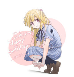 1girl 2020 22/7 absurdres black_socks blonde_hair blue_dress brown_footwear character_name closed_mouth dated dress fujima_sakura happy_birthday highres loafers long_hair looking_to_the_side mid227 one_side_up own_hands_together purple_eyes shoes short_sleeves single_hair_ring smile socks solo squatting striped_clothes striped_dress