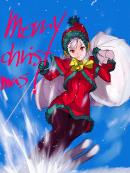Rule 34 | 1girl, adapted costume, black pantyhose, capcom fighting jam, capelet, christmas, dress, gloves, green gloves, grin, hairpods, hat, ingrid (capcom), long hair, merry christmas, motion blur, pantyhose, red dress, red eyes, sack, santa hat, silver hair, skiing, smile, solo, tetsu (kimuchi)