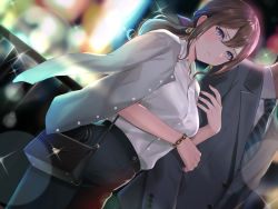 Rule 34 | 1boy, 1girl, bag, black pants, blouse, bracelet, brown hair, buttoned cuffs, buttons, closed mouth, collared shirt, diagonal-striped clothes, diagonal-striped necktie, dress shirt, dutch angle, formal, grey suit, hair ribbon, handbag, highres, holding another&#039;s arm, jewelry, long hair, low-tied long hair, necktie, original, out of frame, pants, purple eyes, railing, ribbon, sakamuke, shirt, shirt on shoulders, shirt tucked in, sidelocks, solo focus, striped clothes, striped necktie, suit, unworn earring, white shirt
