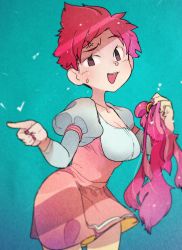 Rule 34 | 1girl, anger vein, blue background, breasts, brown eyes, cleavage, cowboy shot, dress, female focus, idkuroi, juliet sleeves, kumatora, long sleeves, looking at viewer, mother (game), mother 3, nail polish, nintendo, open mouth, pink hair, pointing, puffy sleeves, red nails, short hair, simple background, solo, standing, tomboy