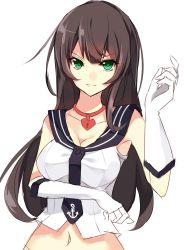 Rule 34 | 10s, 1girl, agano (kancolle), aosaki yukina, black hair, breasts, choker, cleavage, gloves, green eyes, heart, heart-shaped lock, heart necklace, jewelry, kantai collection, large breasts, lock, long hair, looking at viewer, midriff, navel, necklace, sailor collar, sketch, smile, solo, upper body, white background, white gloves