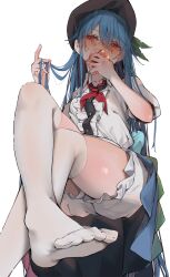 Rule 34 | 1girl, absurdres, apron, ass, black hat, blue hair, blue skirt, blush, collared shirt, commentary request, crossed legs, dutch angle, embarrassed, feet, food, foot focus, foot out of frame, foreshortening, from below, fruit, hat, highres, hinanawi tenshi, holding, holding food, holding fruit, holding hair, knee up, legs, long hair, looking at viewer, no shoes, over-kneehighs, peach, presenting foot, puffy short sleeves, puffy sleeves, red eyes, shirt, short sleeves, simple background, sitting, skirt, soles, solo, thighhighs, toes, touhou, tsune (tune), variant set, white background, white shirt, white thighhighs