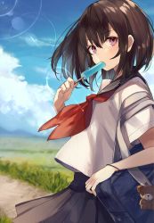 Rule 34 | 1girl, bag charm, black skirt, blouse, blue sky, blush, bracelet, brown hair, carrying bag, charm (object), cloud, cloudy sky, commentary request, cowboy shot, day, dirt road, eating, food, grass, hair between eyes, holding, holding food, jewelry, lens flare, looking at viewer, neckerchief, original, outdoors, pleated skirt, popsicle, purple eyes, red neckerchief, road, sailor collar, school uniform, scrunchie, serafuku, shirt, short hair, short sleeves, shugao, skirt, sky, solo, standing, sweat, white shirt, wrist scrunchie