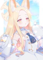 Rule 34 | 1girl, animal, animal ear fluff, animal ears, animal on hand, bird, blonde hair, blue archive, blue sky, bow, breasts, cloud, collared dress, commentary request, cross halo, detached sleeves, dress, forehead, halo, long hair, long sleeves, nanopai kakumeikokonoyu, parted bangs, parted lips, puffy long sleeves, puffy sleeves, red eyes, seia (blue archive), sideboob, signature, sky, sleeveless, sleeveless dress, sleeves past fingers, sleeves past wrists, small breasts, solo, twitter username, very long hair, white bow, white dress, white sleeves, yellow bow