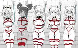 Rule 34 | 5girls, absurdres, arm behind back, bdsm, black choker, blush, bondage, bound, bound arms, bound legs, bound together, breast bondage, breasts, choker, clothes gag, collar, crotch rope, dungeon, ecchinoidea, feet out of frame, female focus, fischl (genshin impact), gag, gagged, genshin impact, headwear request, highres, improvised gag, kidnapped, leash, looking at viewer, lumine (genshin impact), moontraveller, mouth stuffed, multiple girls, nipple bells, nipple chain, nipple clamps, nipple stimulation, nipple tweak, nipples, no bra, no panties, nude, panties, panty gag, red rope, restrained, rope, rope between breasts, shibari, slave, spot color, sucrose (genshin impact), tied to wall, underwear, xiangling (genshin impact), xinyan (genshin impact)