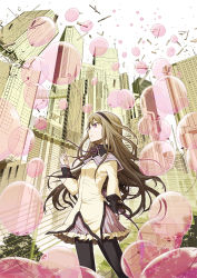 Rule 34 | 1girl, akemi homura, arm at side, balloon, black hair, black hairband, black pantyhose, breasts, building, capelet, city, day, debris, destruction, expressionless, fence, floating hair, frilled skirt, frills, from below, hair between eyes, hairband, hand up, high collar, holding, holding balloon, leaf, legs apart, long hair, long sleeves, looking up, mahou shoujo madoka magica, mahou shoujo madoka magica (anime), neck ribbon, outdoors, pantyhose, parted lips, perspective, pleated skirt, profile, purple capelet, purple eyes, purple ribbon, purple skirt, reo (pilot), ribbon, see-through, skirt, sky, small breasts, solo, stairs, standing, straight hair, too many, too many balloons, tree, upper body