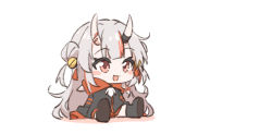 Rule 34 | 1girl, :3, :d, blush, boots, chibi, double bun, full body, grey hair, hair bun, highres, hololive, hood, hoodie, horns, long hair, long sleeves, looking away, multicolored hair, nakiri ayame, nakiri ayame (1st costume), open mouth, red eyes, red hair, shin&#039;iri, simple background, sitting, sleeves past fingers, sleeves past wrists, smile, solo, streaked hair, virtual youtuber, white background