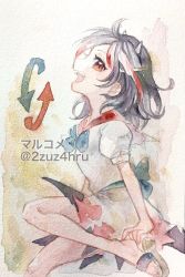 Rule 34 | 1girl, 2zuz4hru, artist name, black hair, commentary request, cone horns, dress, fangs, grey horns, horns, kijin seija, painting (medium), puffy short sleeves, puffy sleeves, red eyes, short hair, short sleeves, simple background, slippers, touhou, traditional media, twitter username, watercolor (medium), watermark, white background, white dress